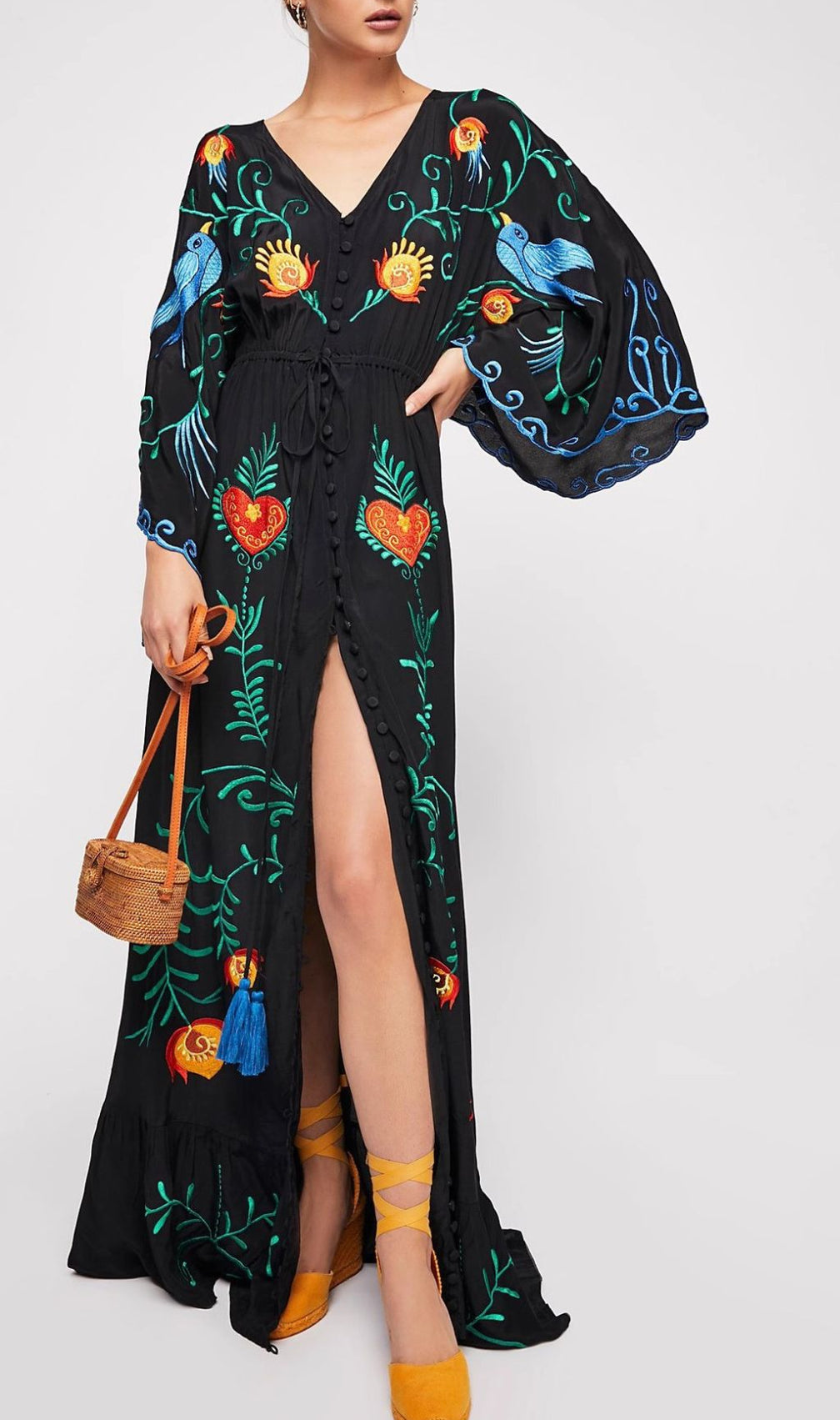 Gita Flower Embroidery Long Sleeve Maxi Dress