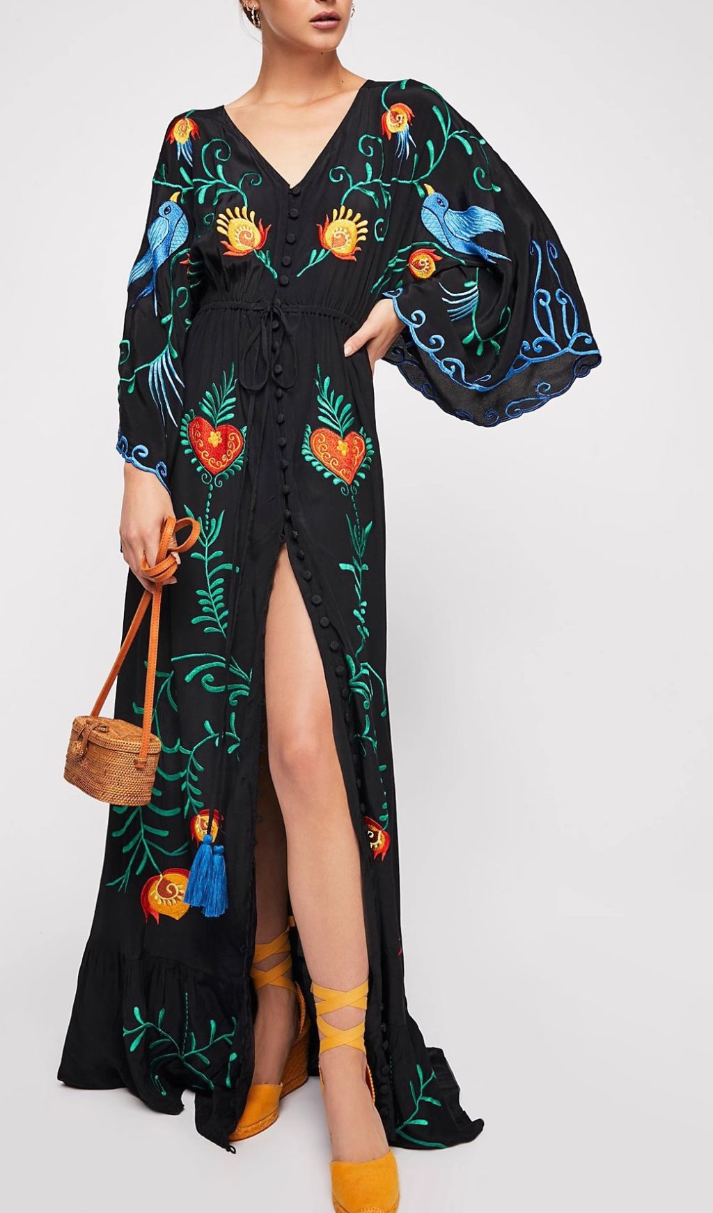 Gita Flower Embroidery Long Sleeve Maxi Dress