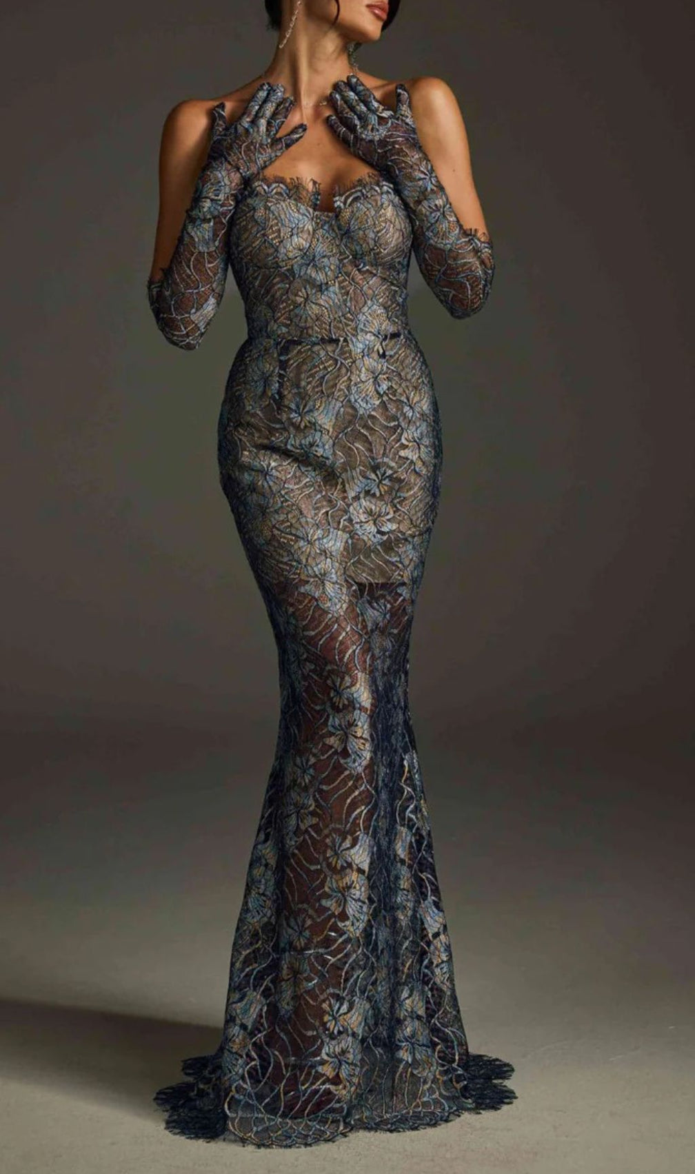Javion Enchanting Strapless Floral Lace Gown with Opera Gloves