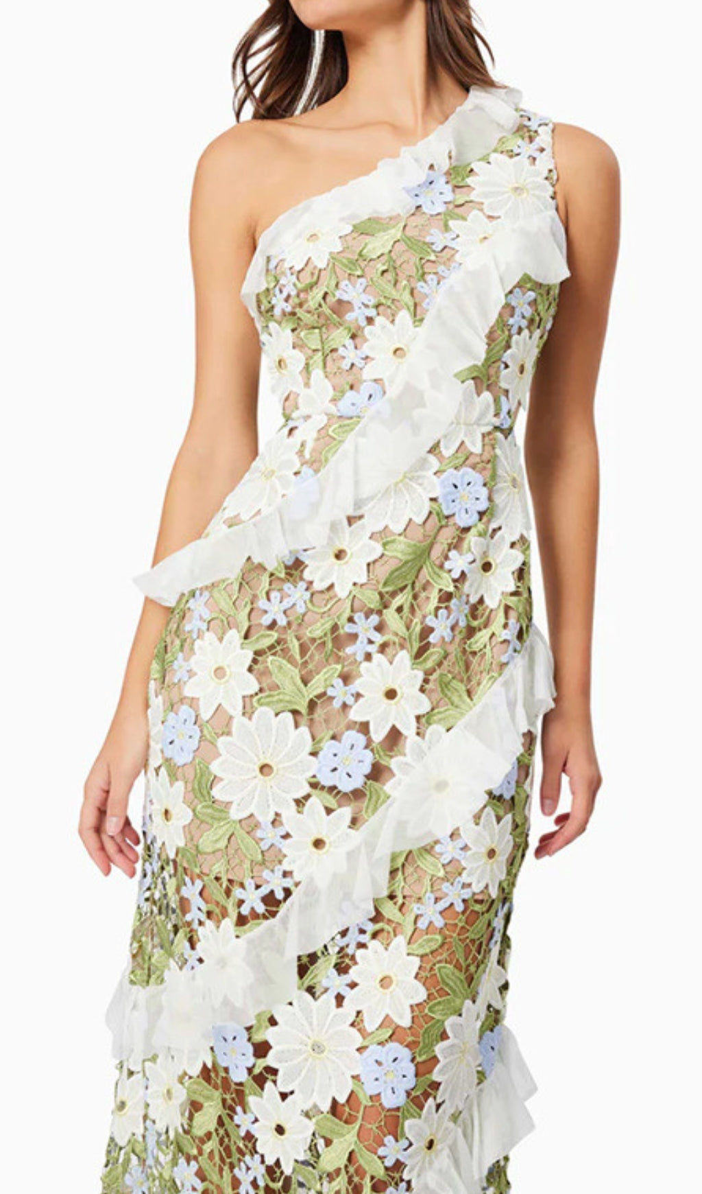 Caden Flower Embroidery One-Shoulder Maxi Dress