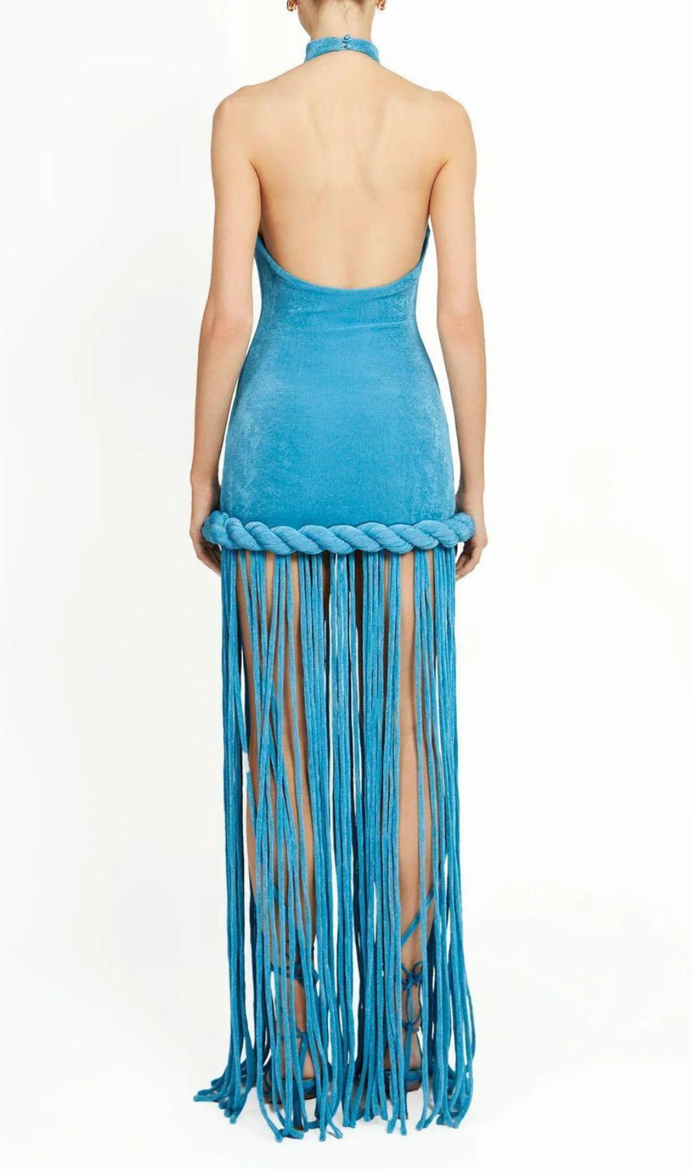 Jamie Dazzling Blue Velvet Halter Fringe Maxi Dress