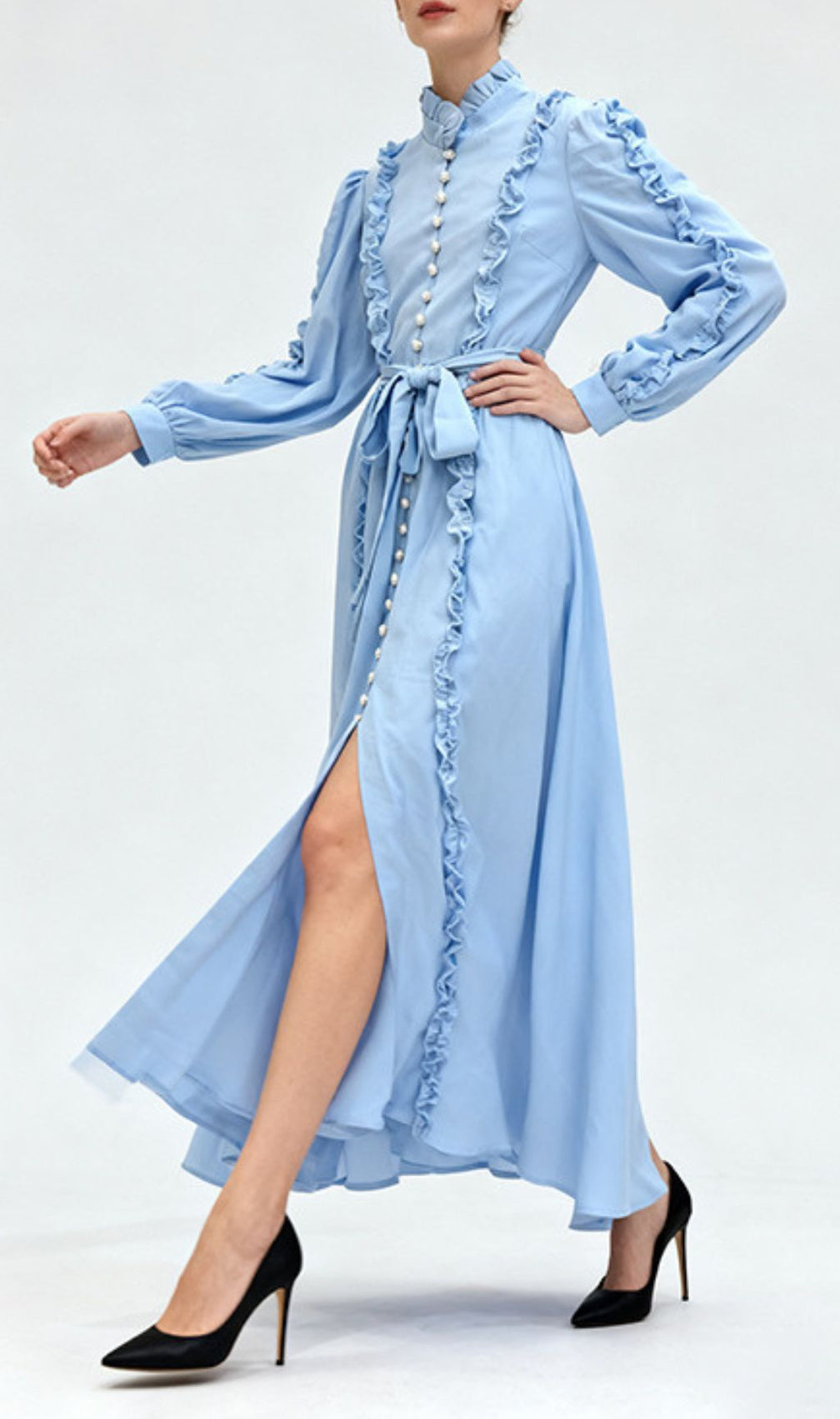 Iria Blue Ruffled Maxi Dress - Elegant Long Sleeve Formal Gown with Pearl Buttons