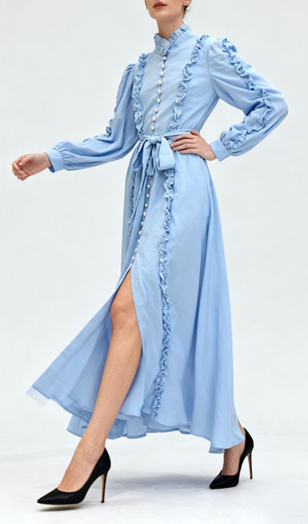 Iria Blue Ruffled Maxi Dress - Elegant Long Sleeve Formal Gown with Pearl Buttons