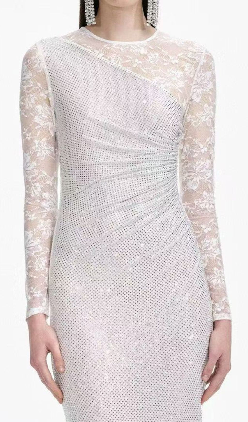 Raerion Dazzling White Rhinestone Lace Maxi Gown - Elegant Evening Dress