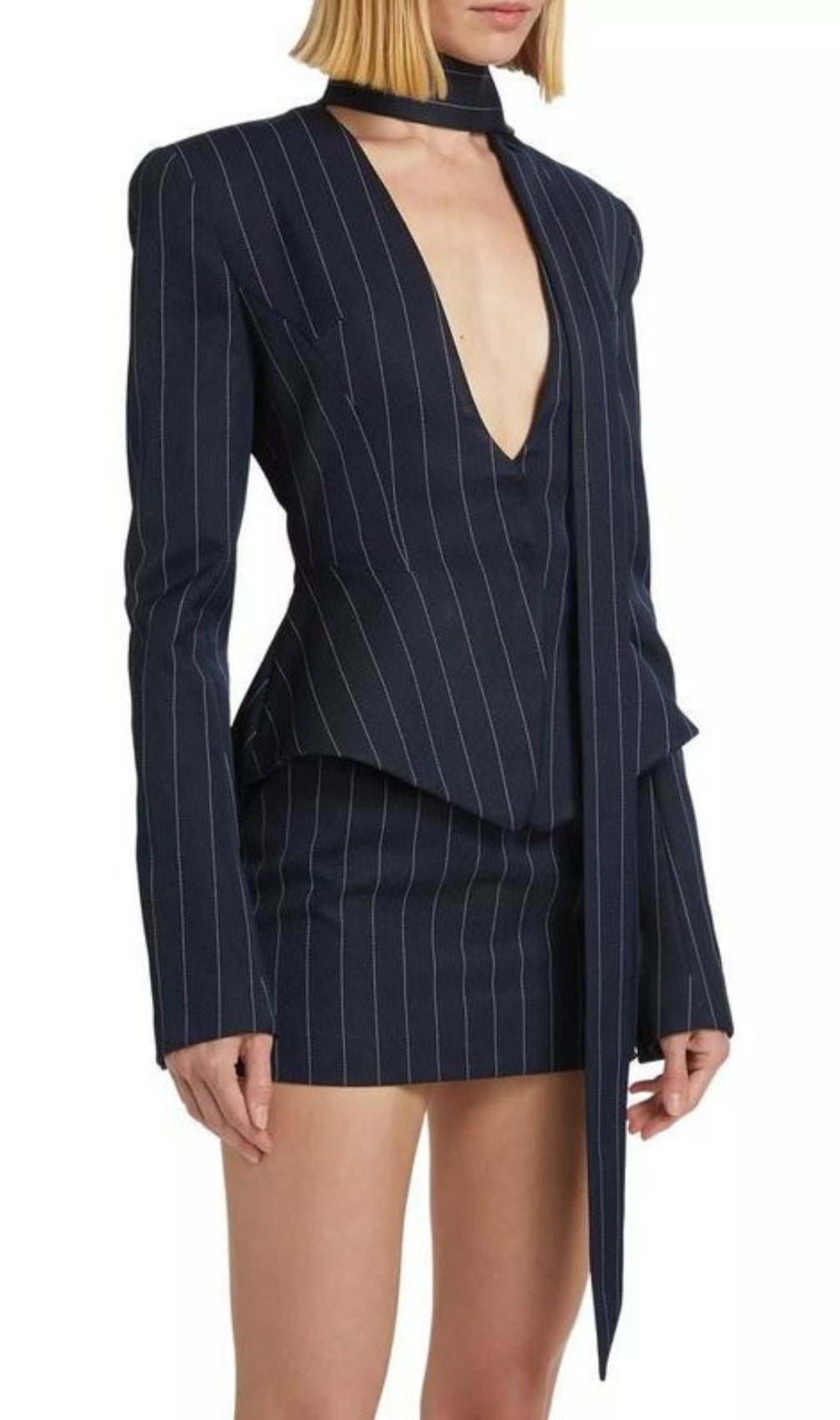 Heida Pinstripe Power Suit: Deep V Blazer & Mini Skirt Set with Choker Tie