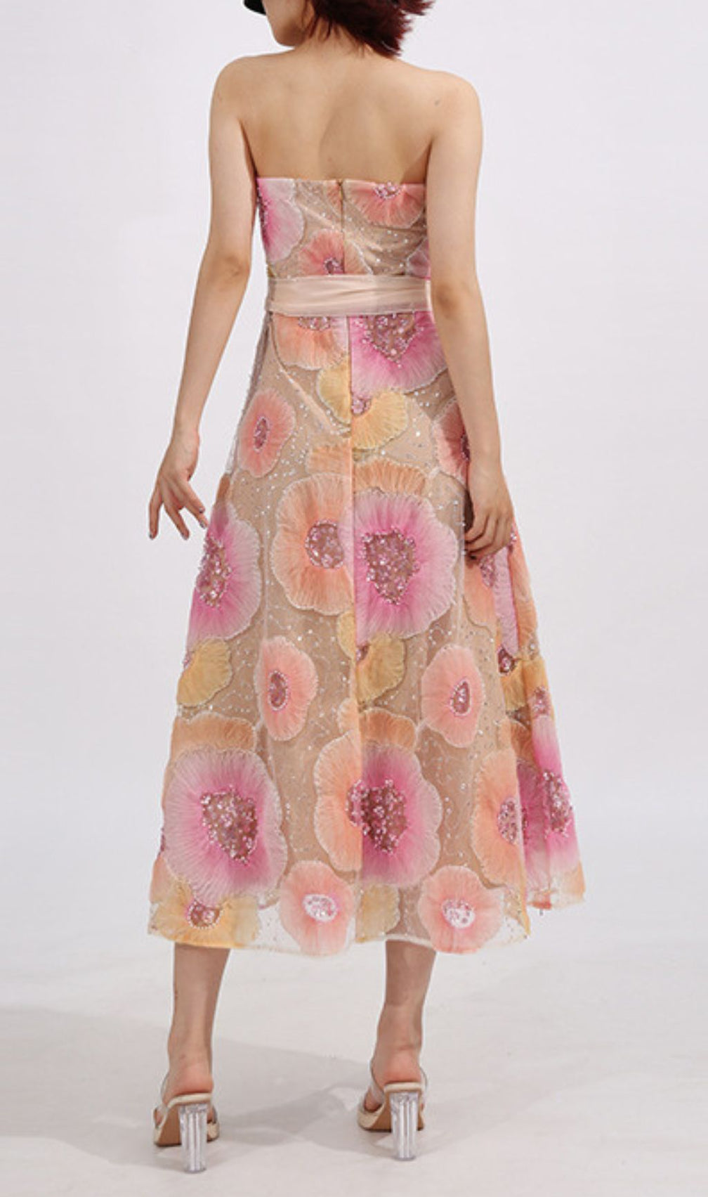 Elowyn Strapless Flower Sequin Embellished Midi Dress