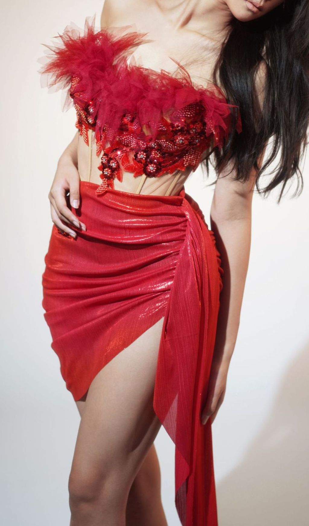 Izefia Red Beaded Corset Top & Skirt Set