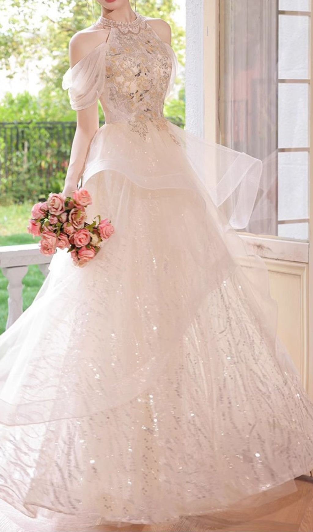 Chione Champagne Halter Sequin Mesh Maxi Dress