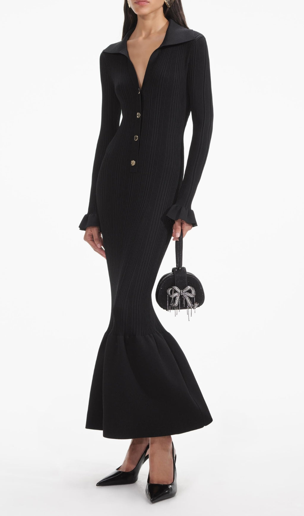 Black Ribbed Knit Fluted Midi Dress