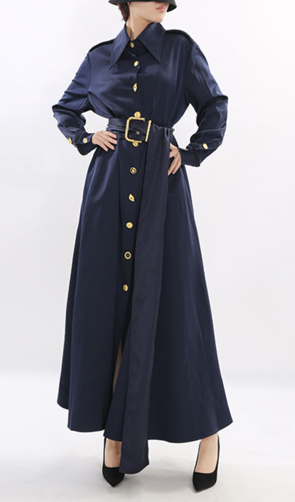 Josette Elegant Navy Maxi Dress | Gold Button & Belted Long Sleeve Gown