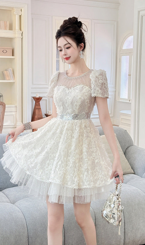 White Lace Sequin Puff Sleeve Mini Dress with Tulle Hem
