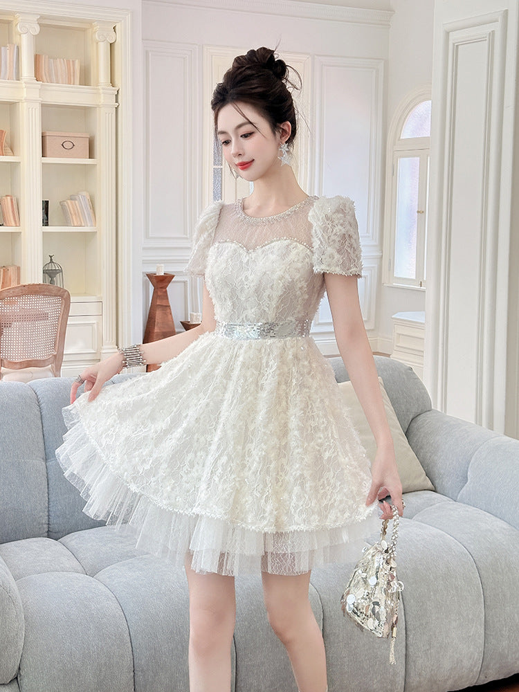 White Lace Sequin Puff Sleeve Mini Dress with Tulle Hem