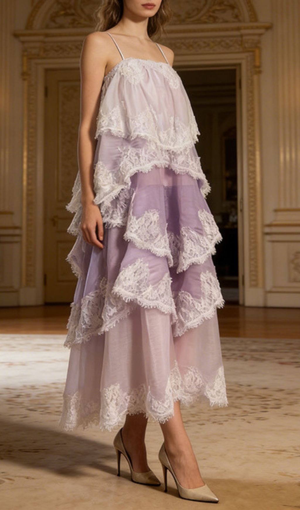 Kassey Ethereal Lavender Lace Tiered Maxi Dress | Strappy Special Occasion Gown