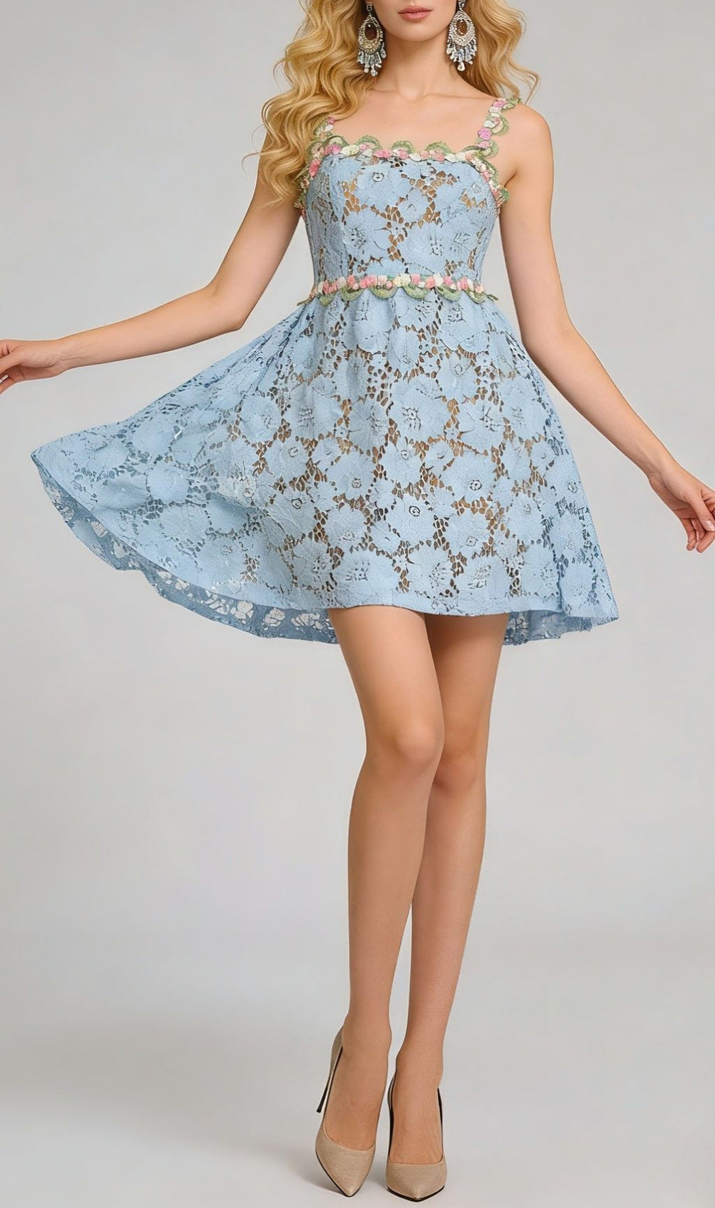 Tavon Flower Embroidered Mini Dress In Blue