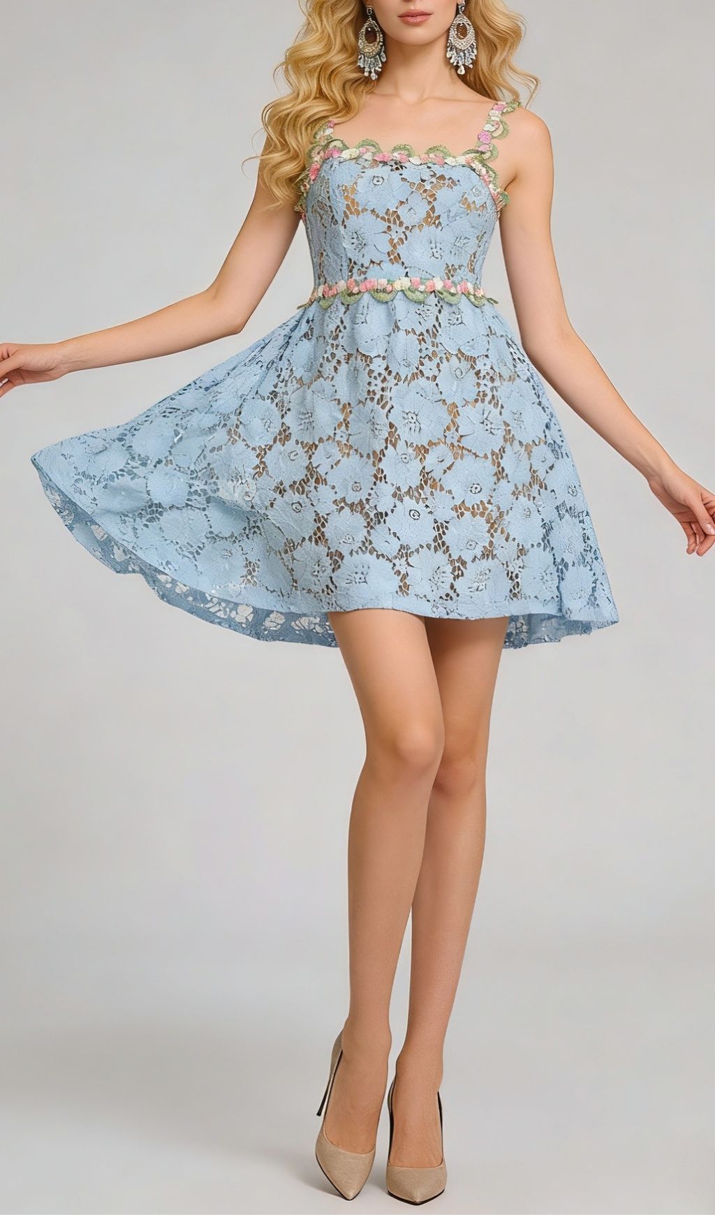 Tavon Flower Embroidered Mini Dress In Blue