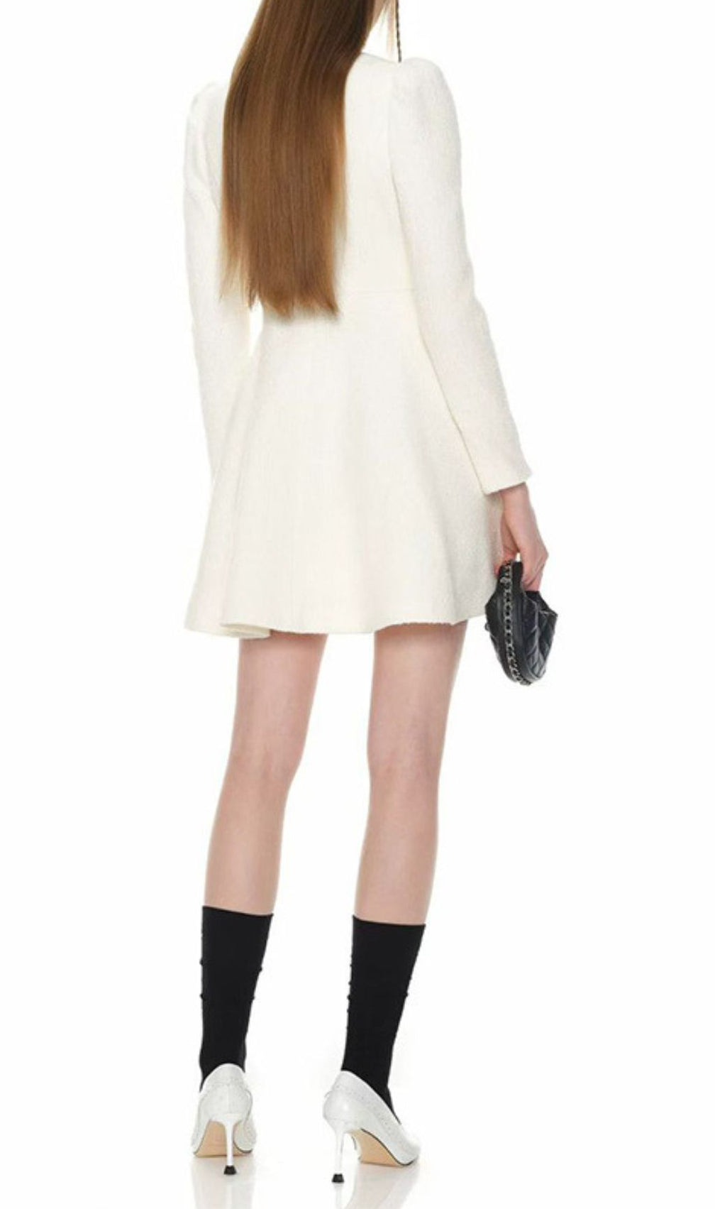 Elegant White Tweed Bow Mini Dress | Long Sleeve Fit & Flare