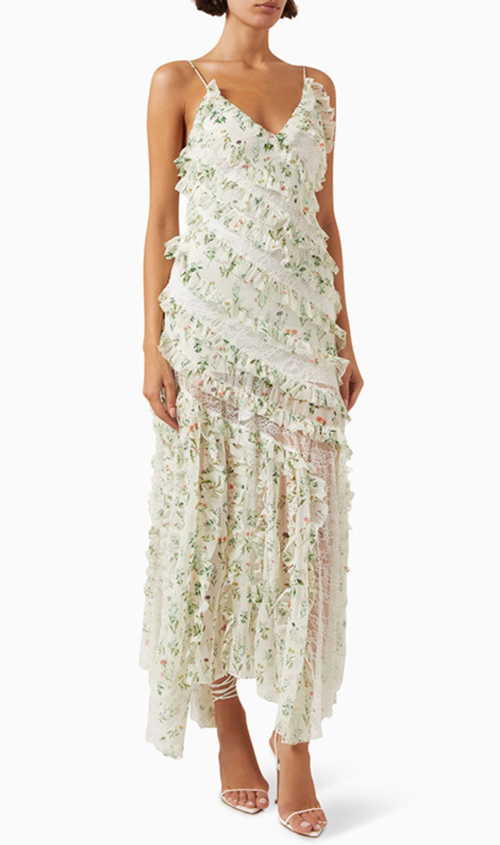 Ceteria Green Strappy Floral Ruffle Maxi Dress