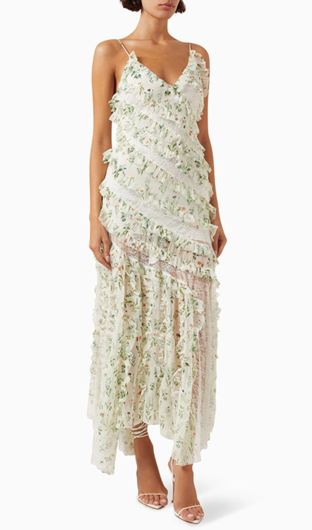 Ceteria Green Strappy Floral Ruffle Maxi Dress