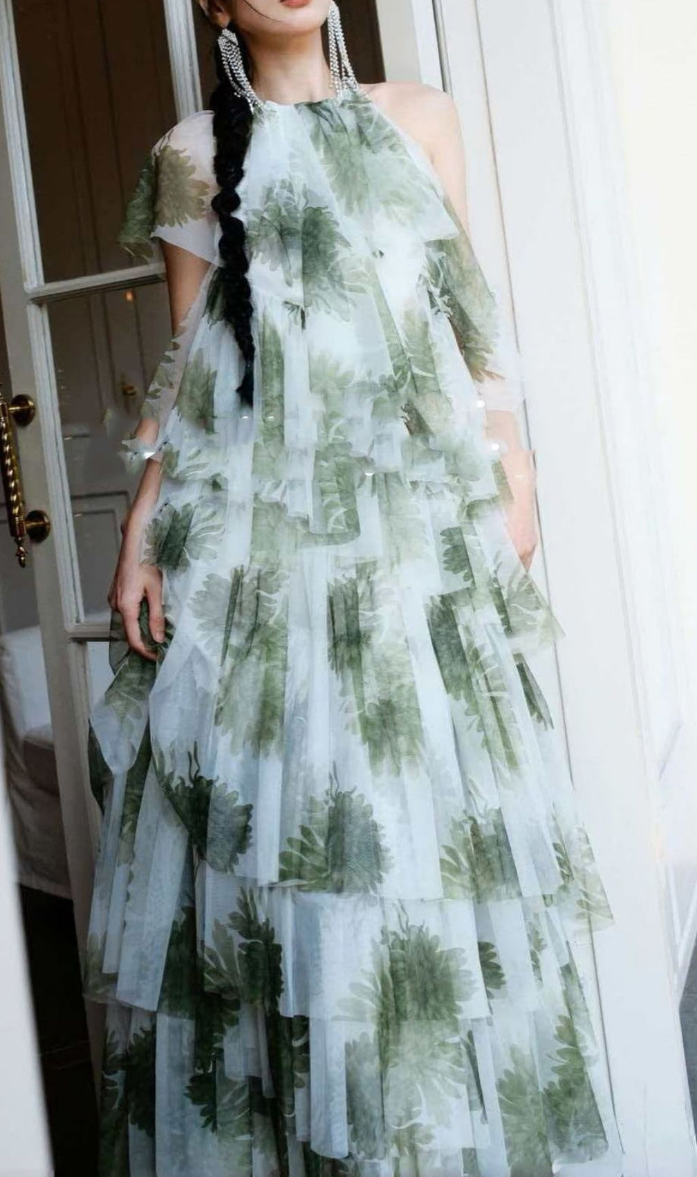 Kateri Ethereal Green Leaf Print Layered Maxi Dress - Flowy & Chic