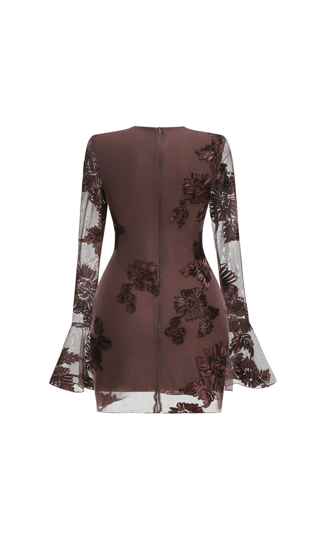 Jovan Coffee Flower Long Sleeve Mini Dress | Sheer Bell-Sleeve Floral Dress