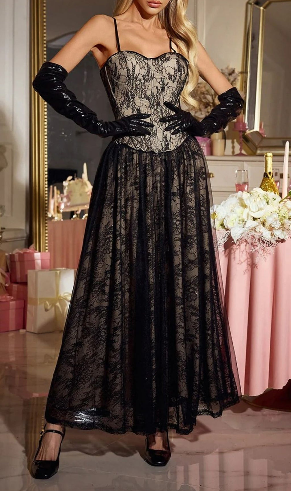 Nexorin Enchanting Black Lace & Sequin Maxi Gown - Elegant Formal Dress