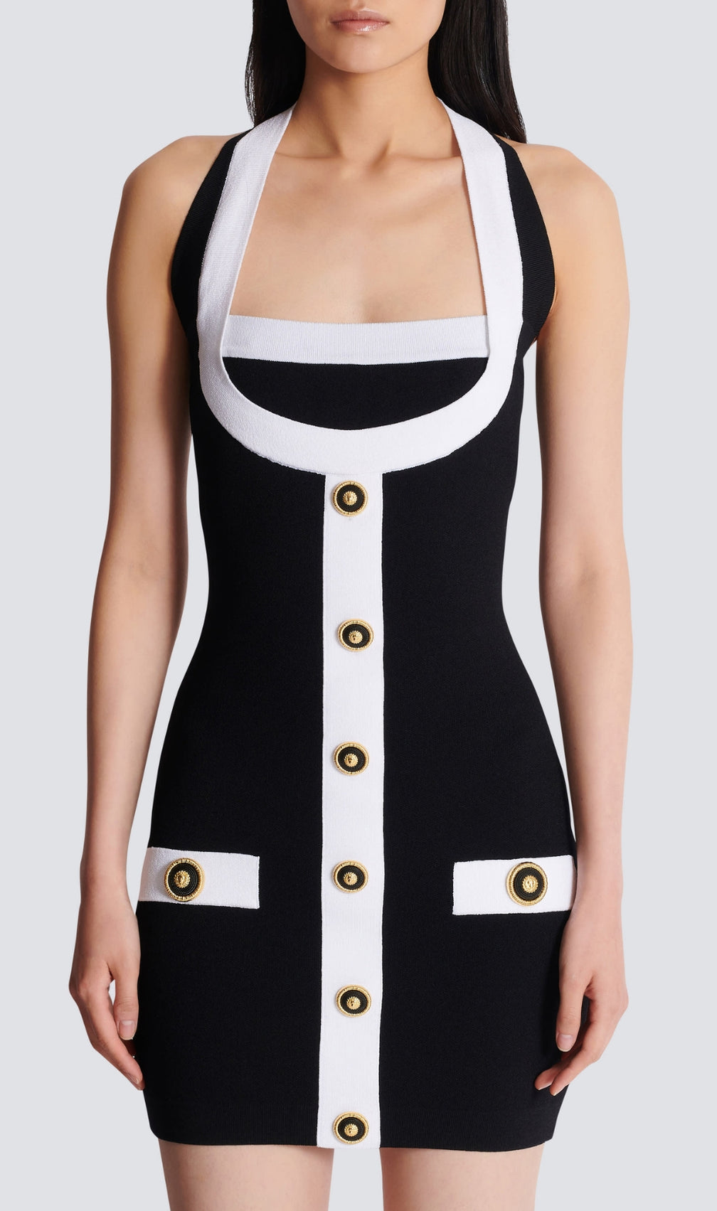 Clotho Black Halter Button Mini Bandage Dress