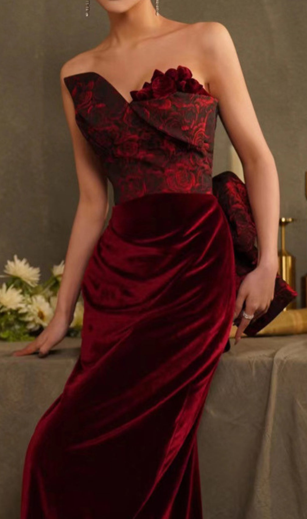 Chainey Wine Flower Velvet Maxi Dress