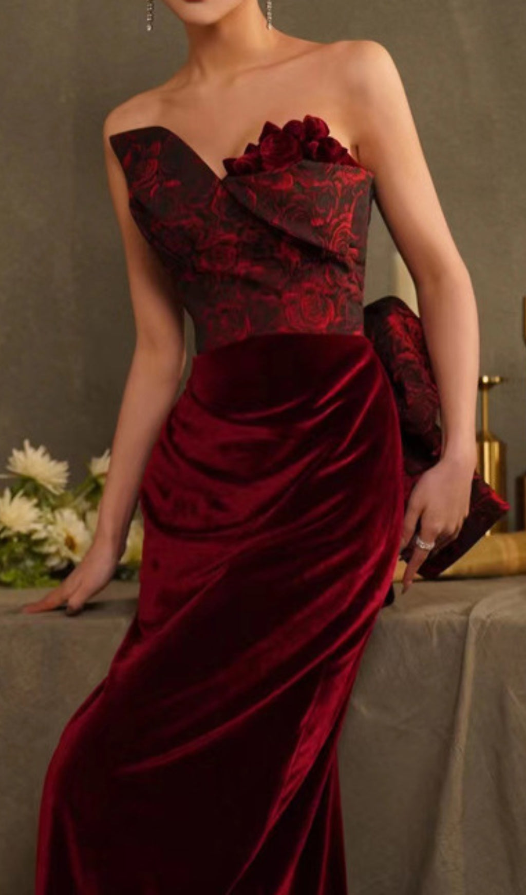 Chainey Wine Flower Velvet Maxi Dress