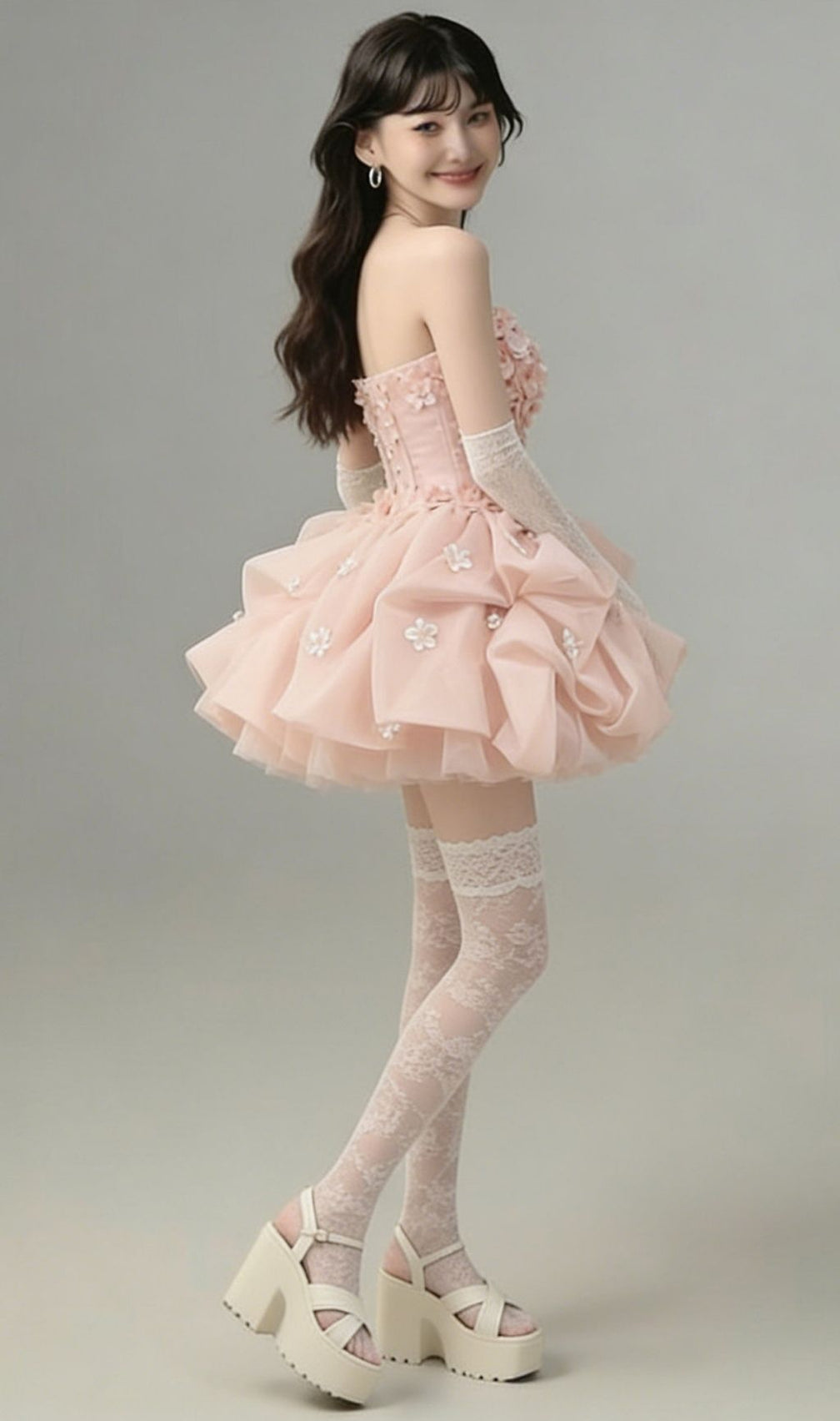 Krista Pink Strapless Flower Mini Dress
