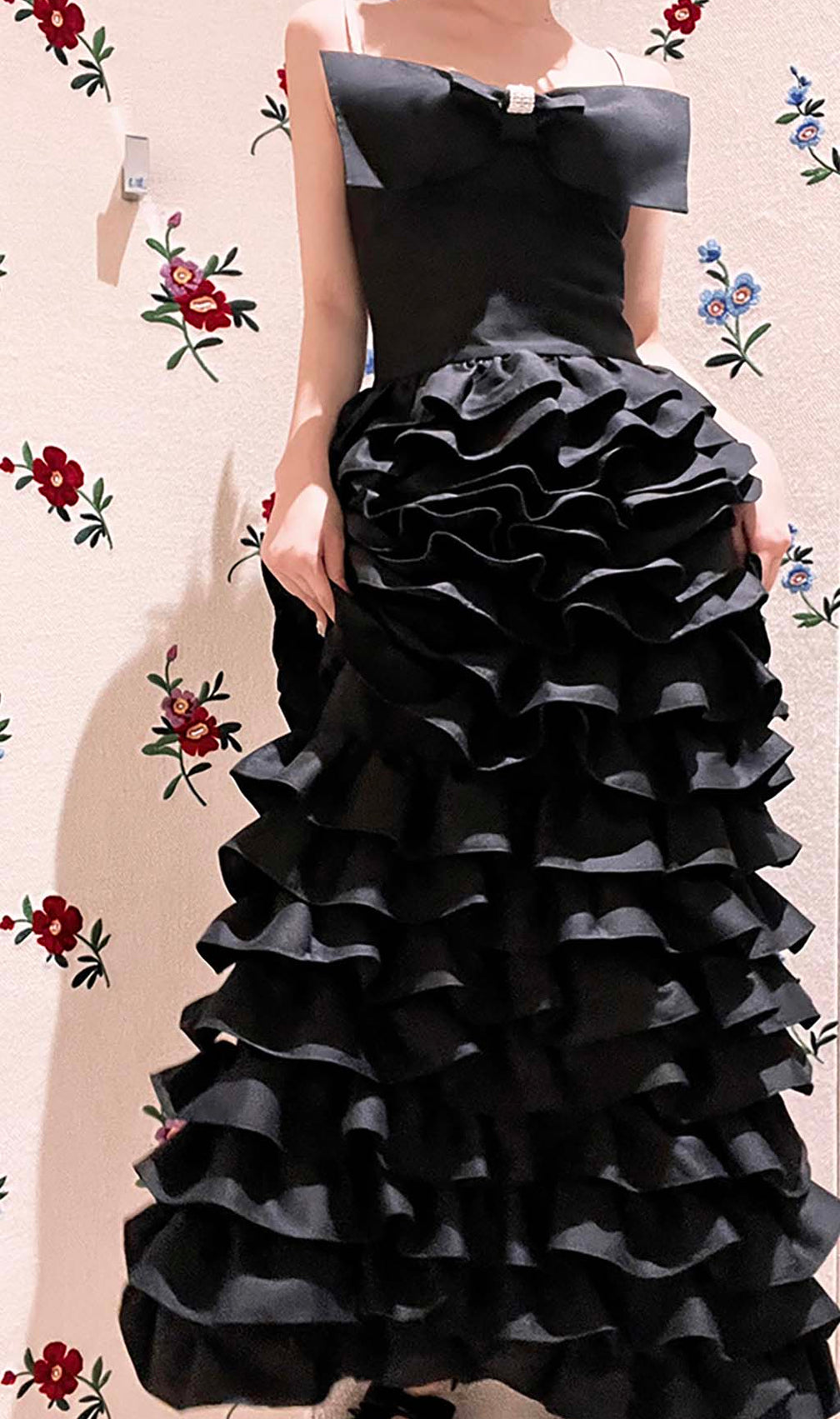 Layered Bow-Embellished Maxi Dress In Black