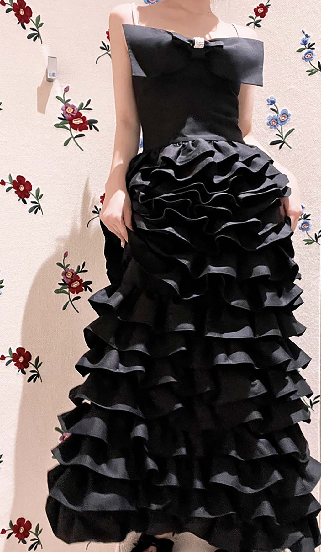 Layered Bow-Embellished Maxi Dress In Black