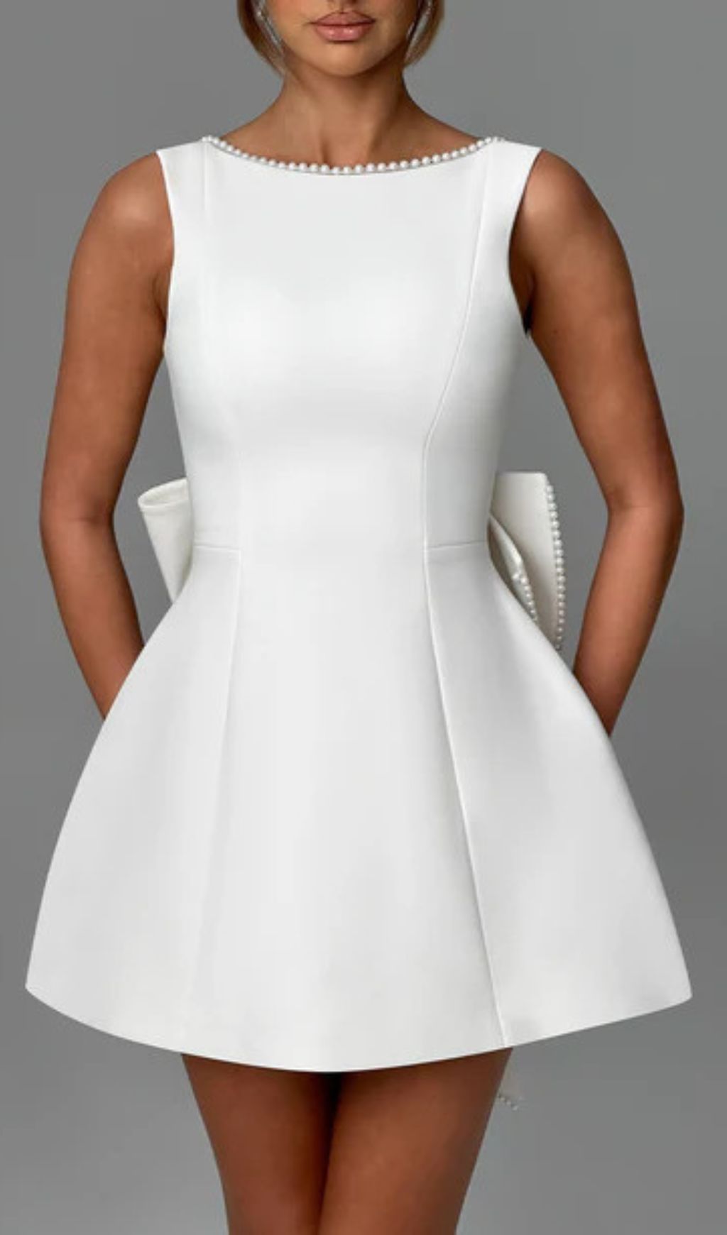 Eimear White Pearl Bow Backless Mini Dress - Elegant & Chic