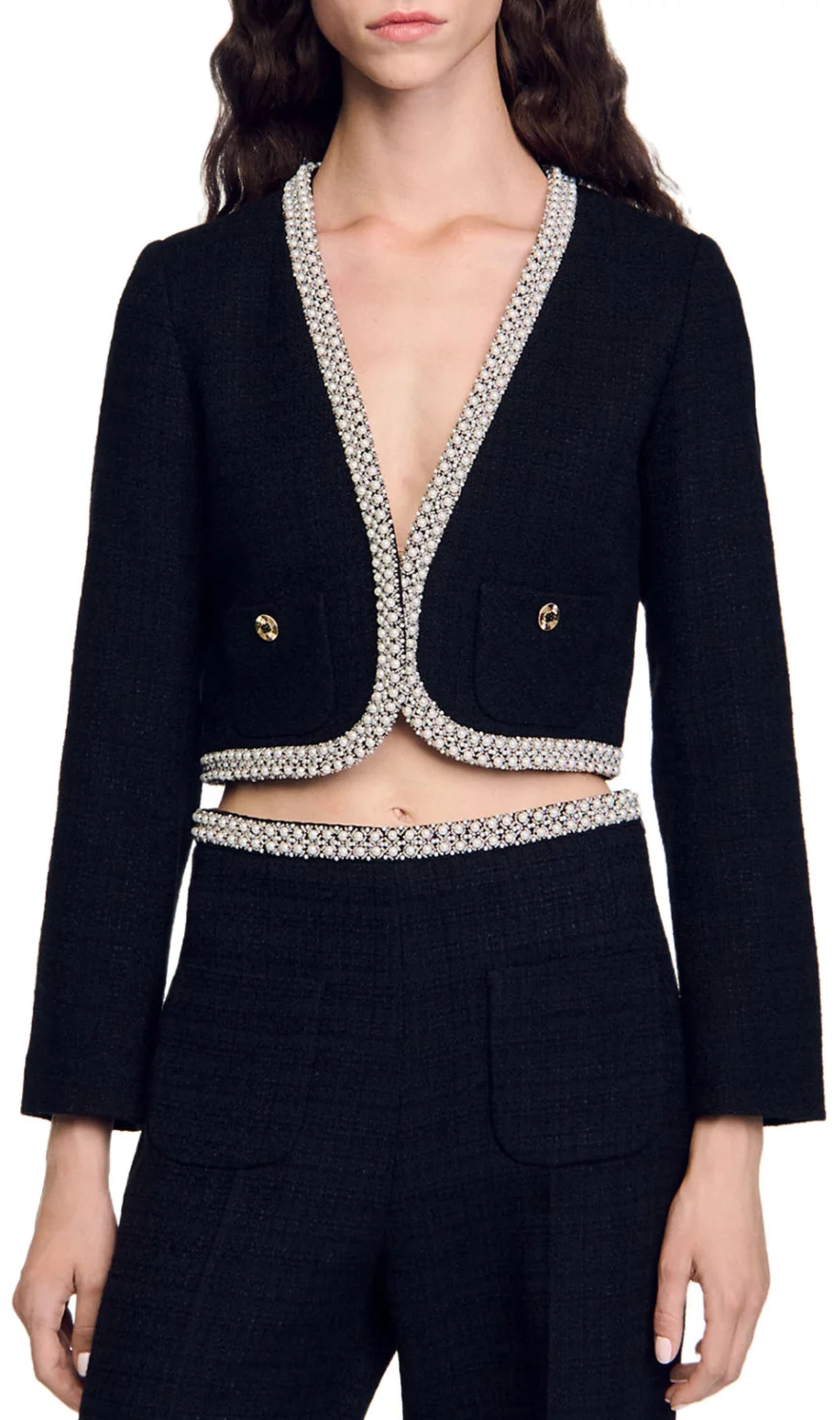 Bead Trim Cropped Tweed Jacket