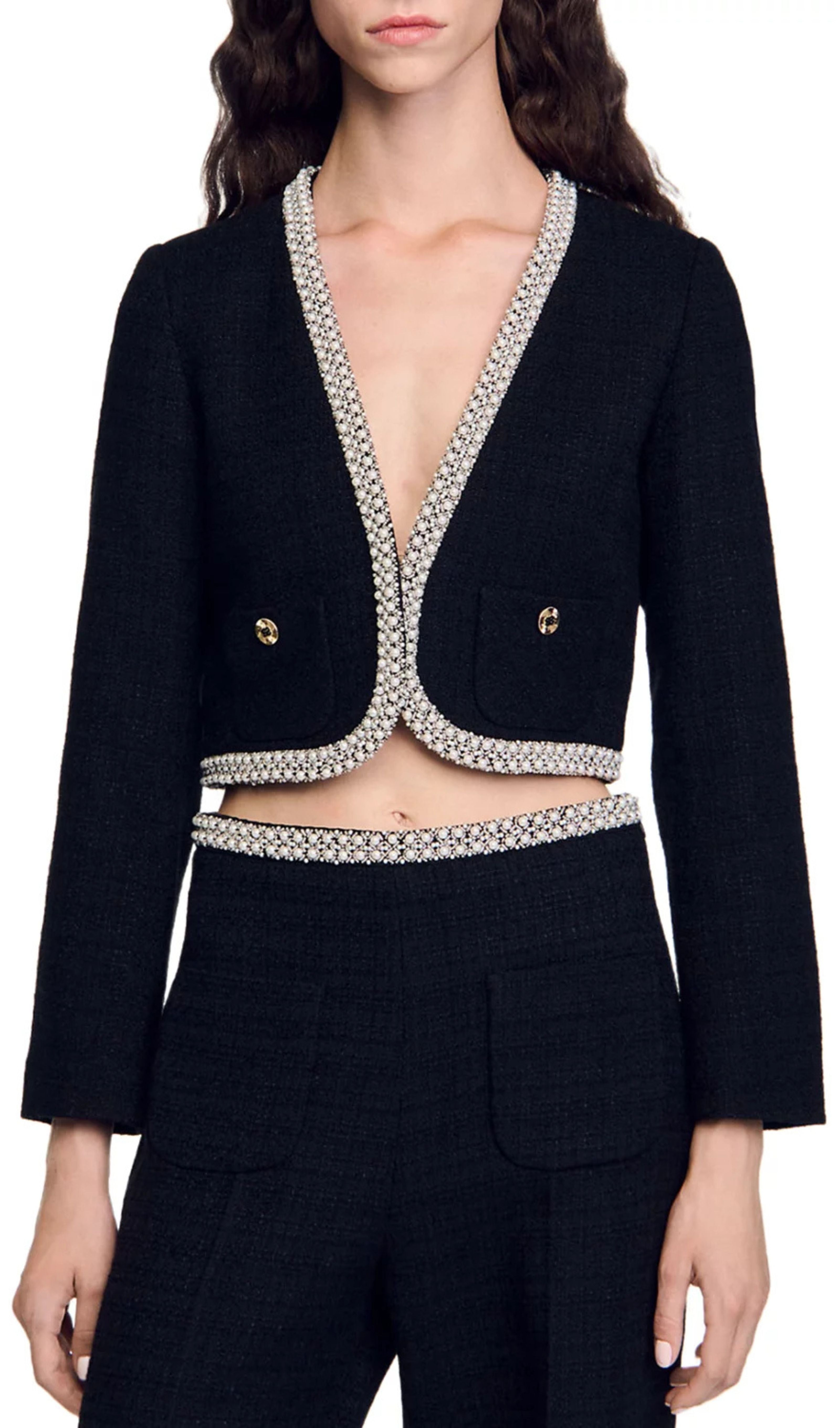 Bead Trim Cropped Tweed Jacket