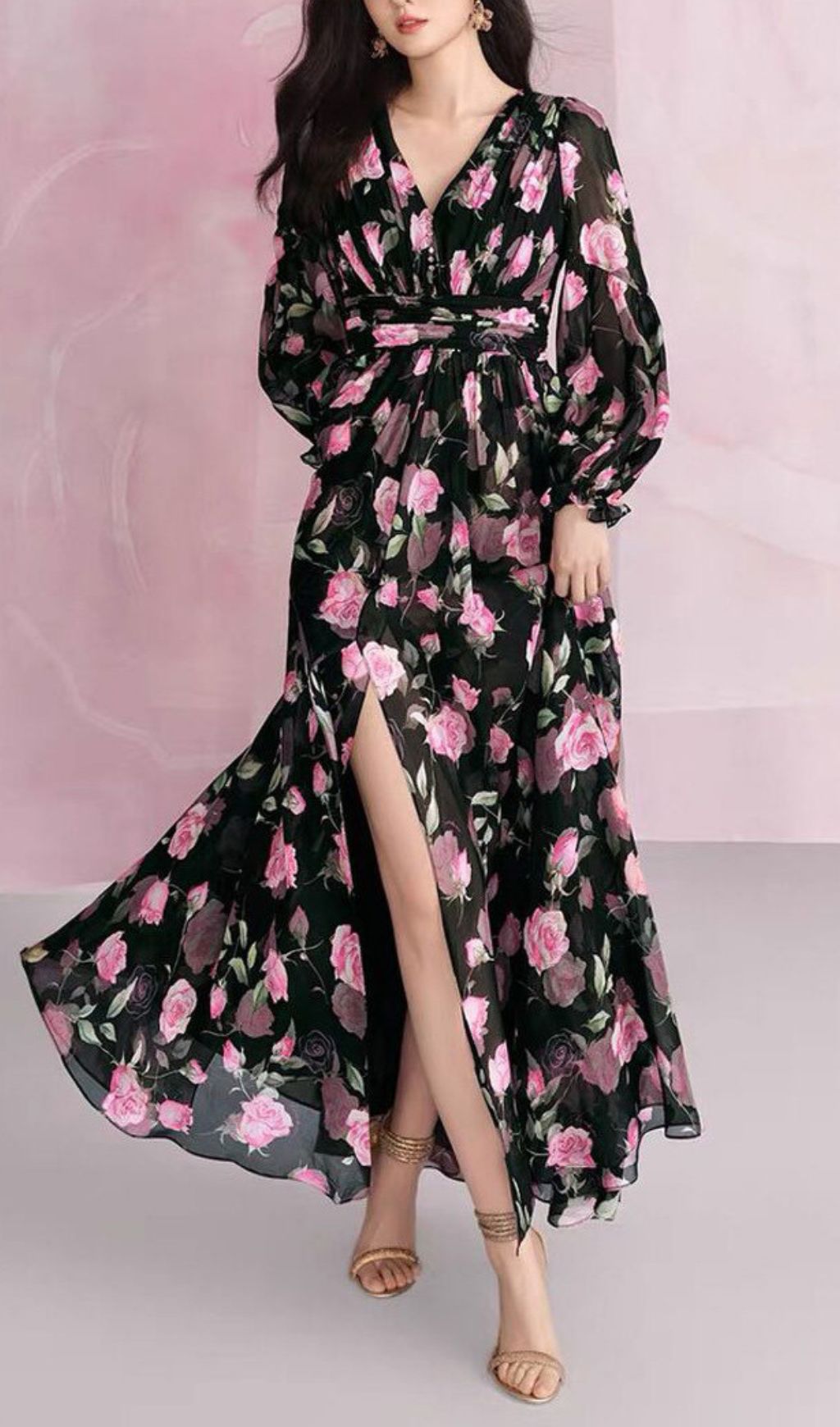 Hinda Floral Printed Long Sleeve Maxi Dress