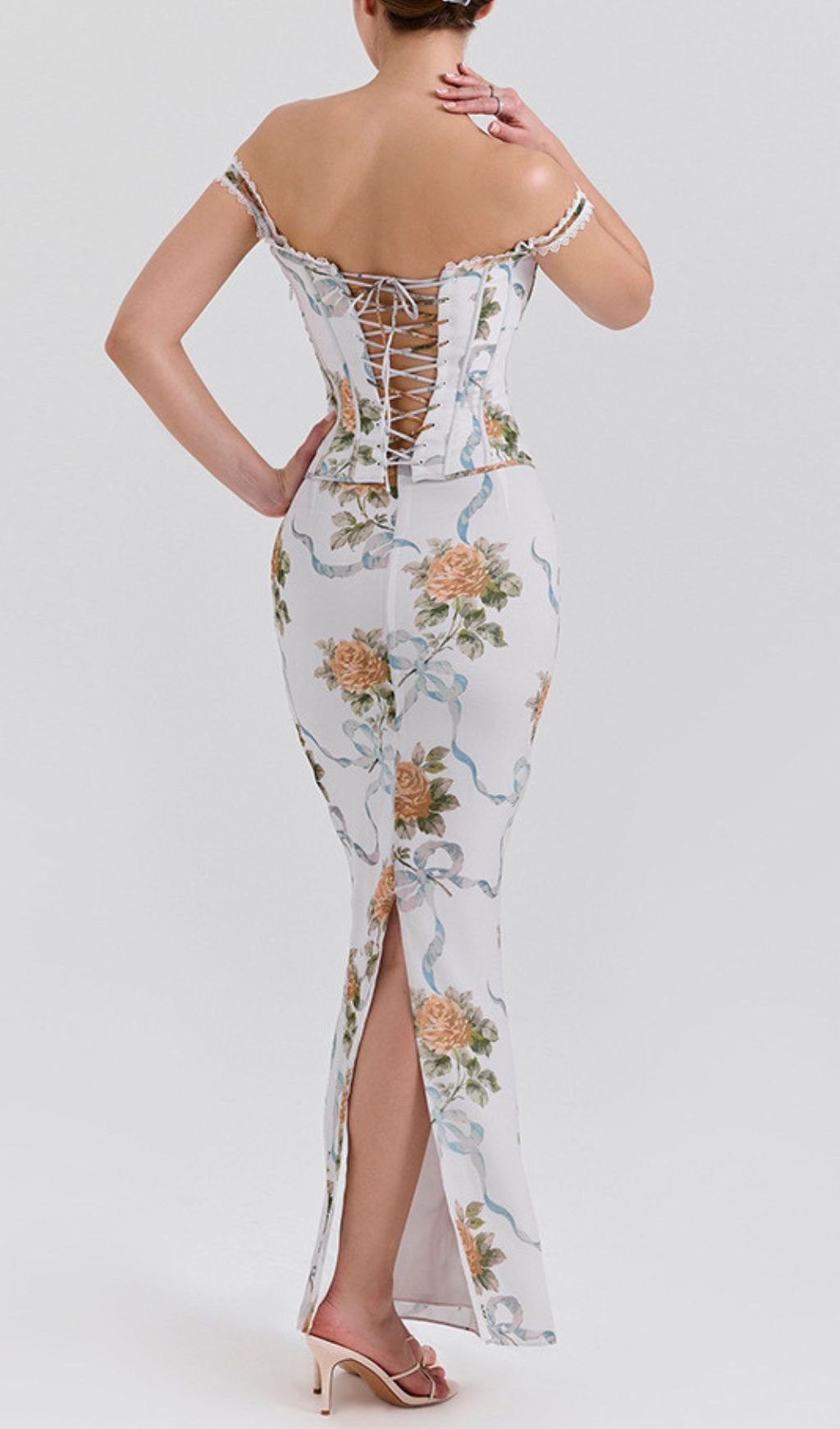 Isabeau Romantic Off-Shoulder Floral Corset Maxi Dress