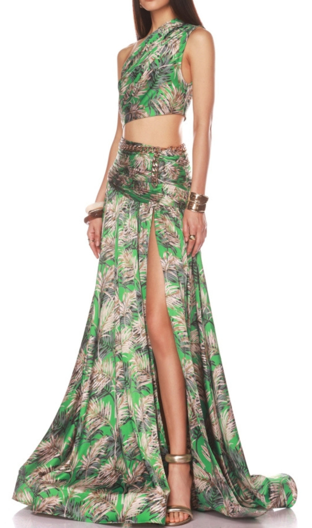 Evelien Green Printed One-Shoulder Maxi Dress