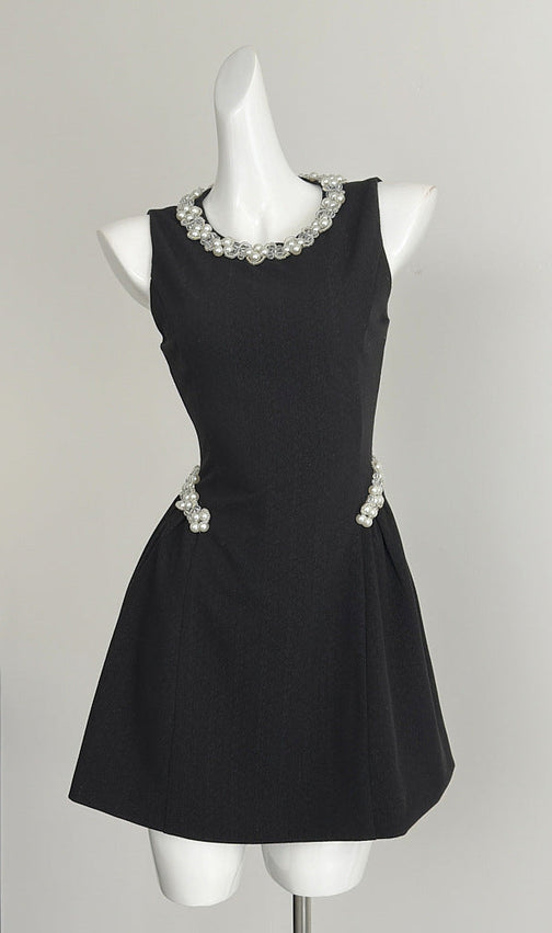 Chic Pearl & Crystal Embellished Black Mini Dress - Sleeveless Party & Cocktail