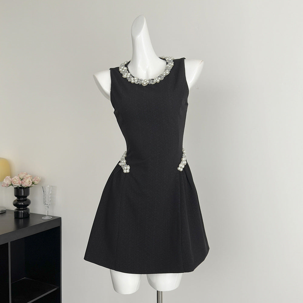 Chic Pearl & Crystal Embellished Black Mini Dress - Sleeveless Party & Cocktail