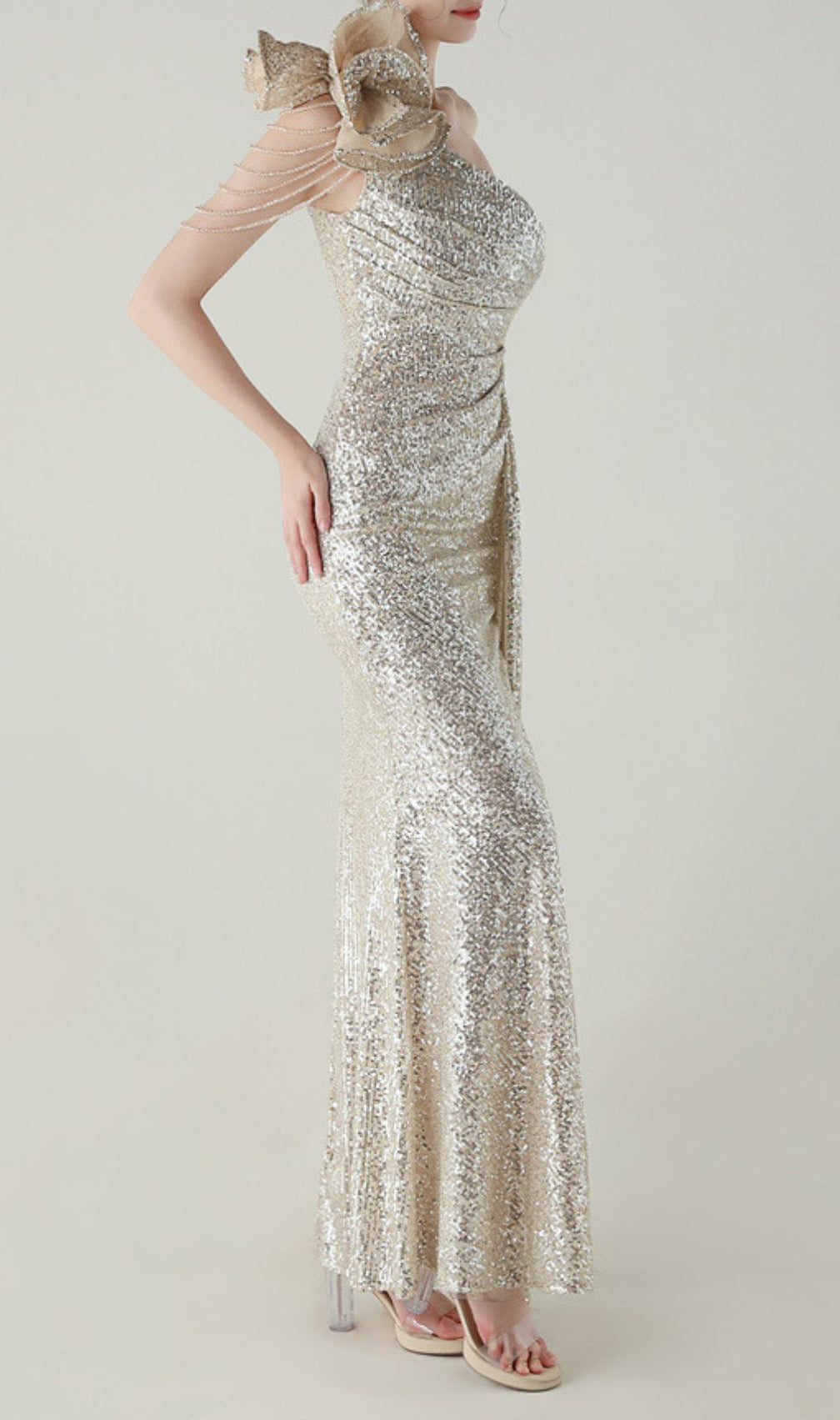 Ikia Silver Sequin One-Shoulder Maxi Dress | Dazzling Formal Gown with Slit