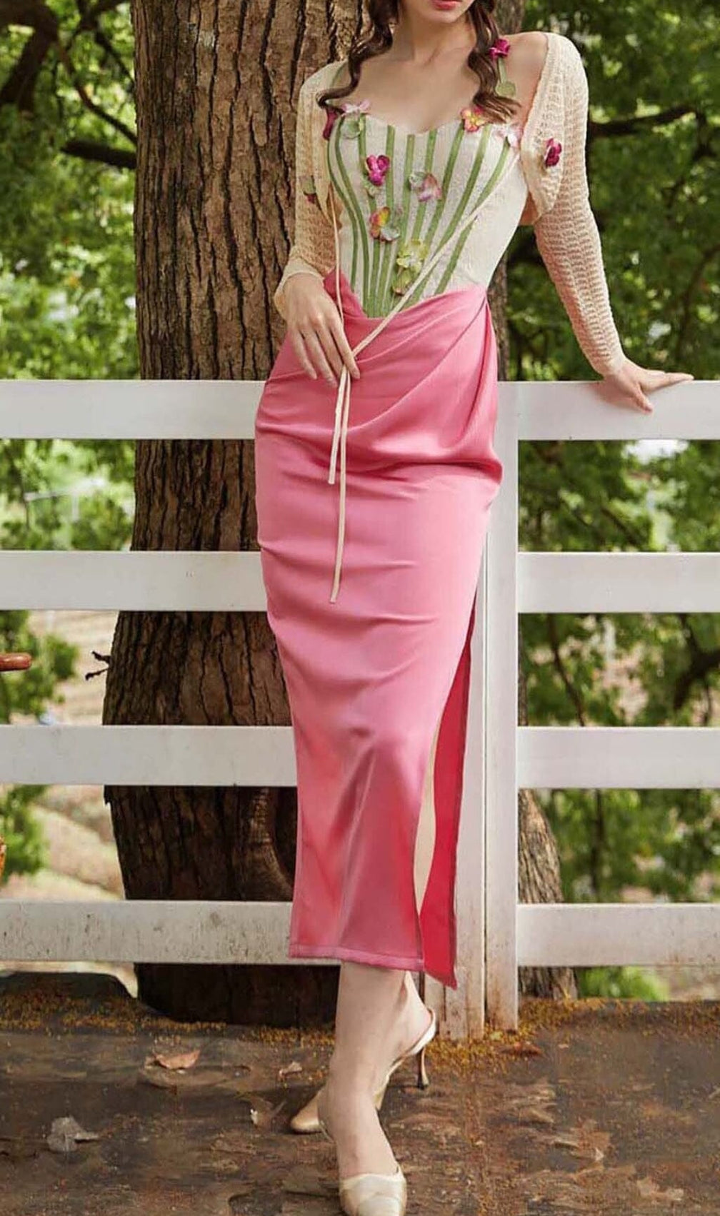 Flower Vine Corset Midi Dress In Pink