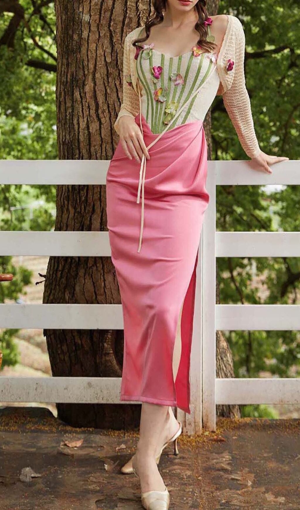 Flower Vine Corset Midi Dress In Pink