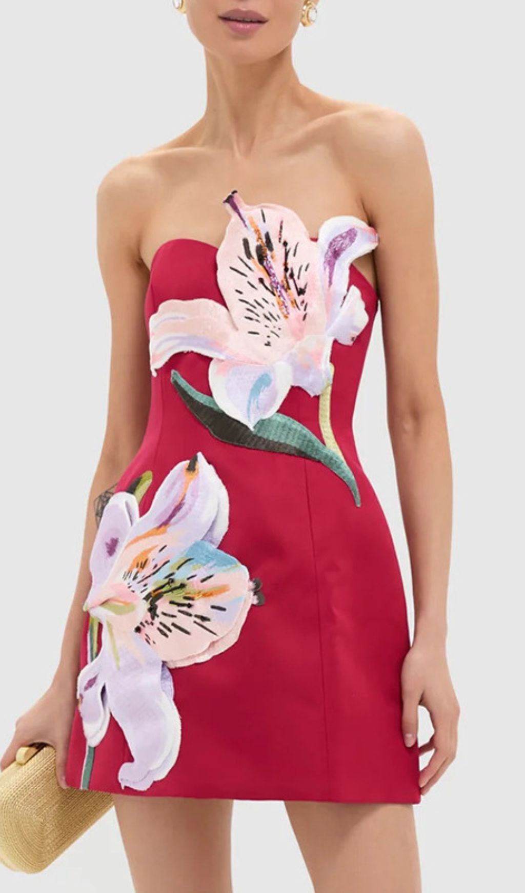 Vibrant Huy Rose Red Strapless Mini Dress | Exquisite 3D Floral Appliqués