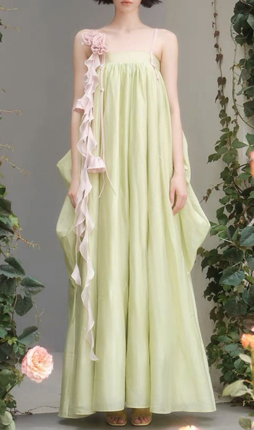 Kaisa Willow Green Romantic Maxi Dress with Cascading Floral Ruffles