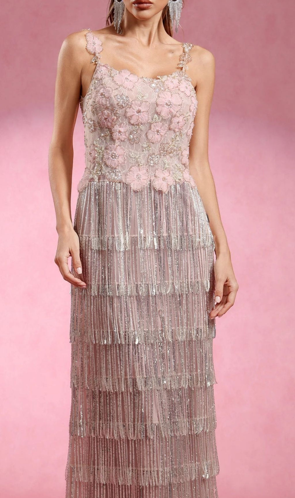 Katrice Floral & Sequin Fringe Maxi Dress - Strappy Boho Glam Gown