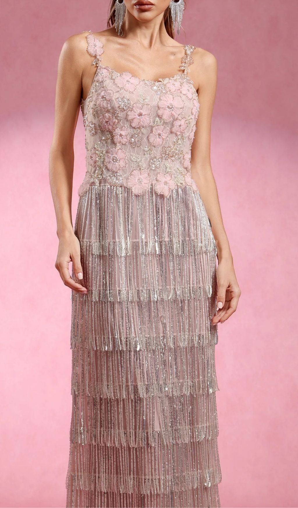 Katrice Floral & Sequin Fringe Maxi Dress - Strappy Boho Glam Gown