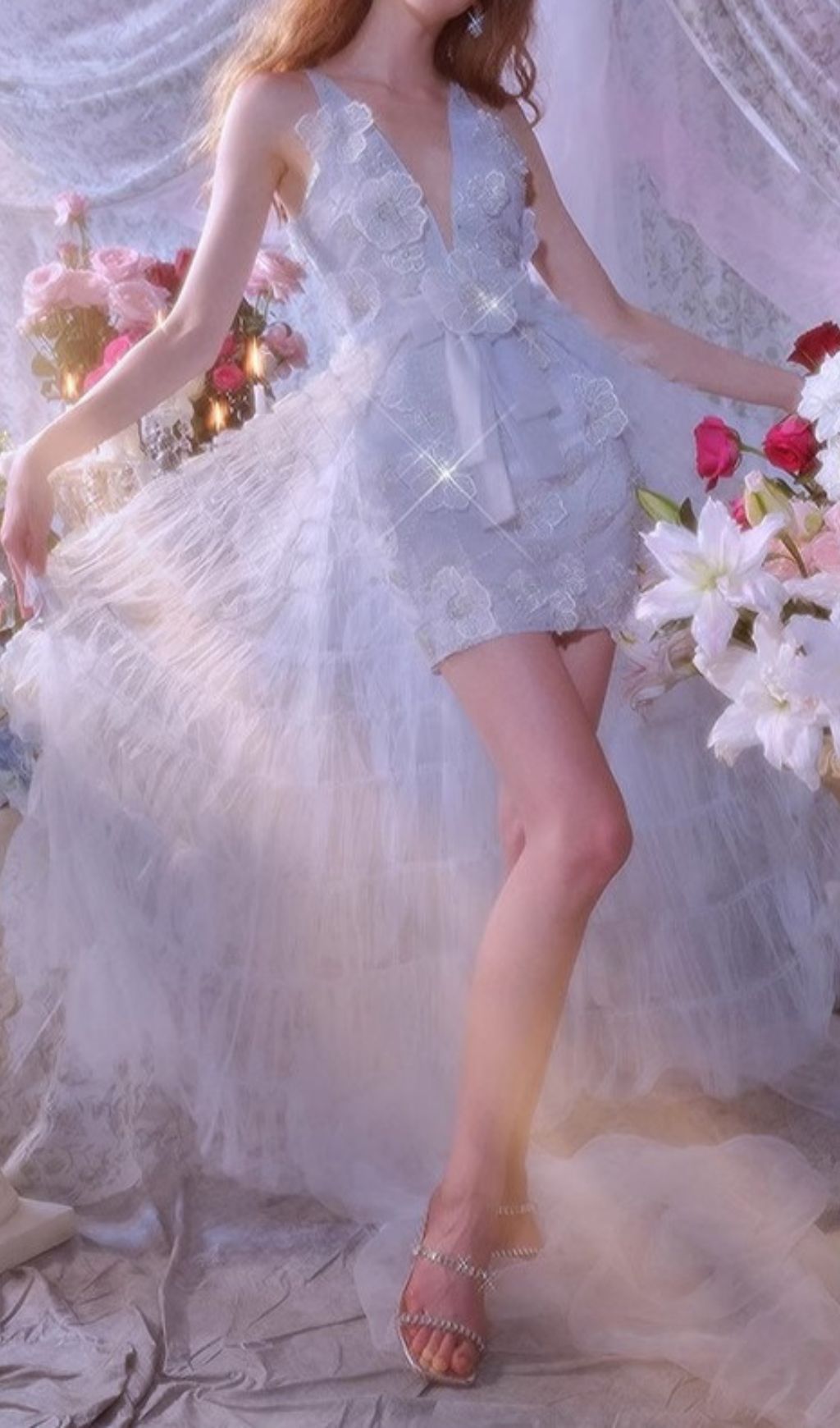 Fedella Flower Sequin Beaded Mesh Maxi Dress