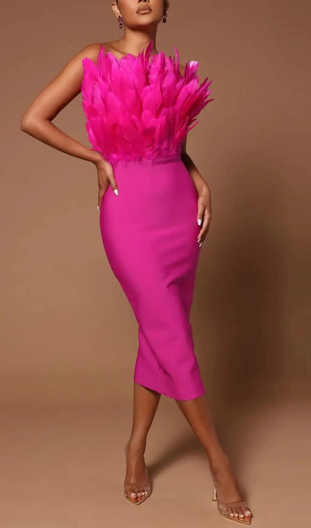 Sleeveless Backless Feather-Decorated Slim Midi Dress In Pink