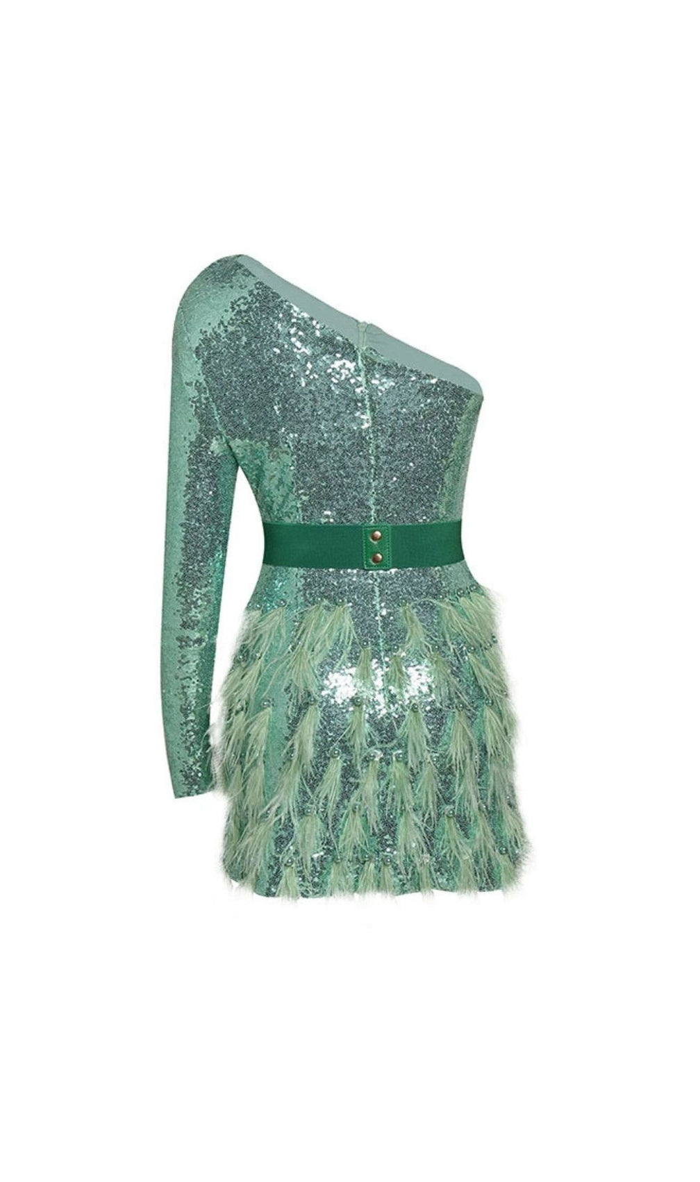 Akanksha Dazzling Green Sequin & Feather One-Shoulder Mini Dress