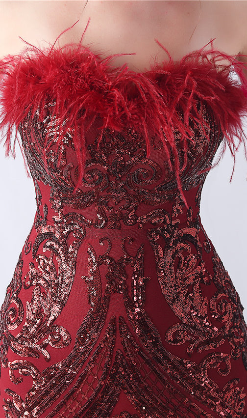 Choire Red Sequin Feather Maxi Dress